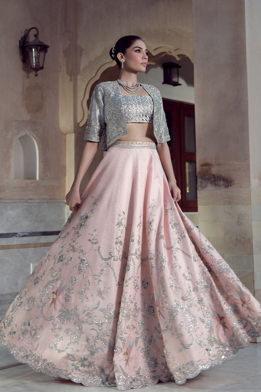 Indian Silver Hand-Embroidered Masoori Jacket with Pink Jamawar Lehenga (3-Piece) - Image 3