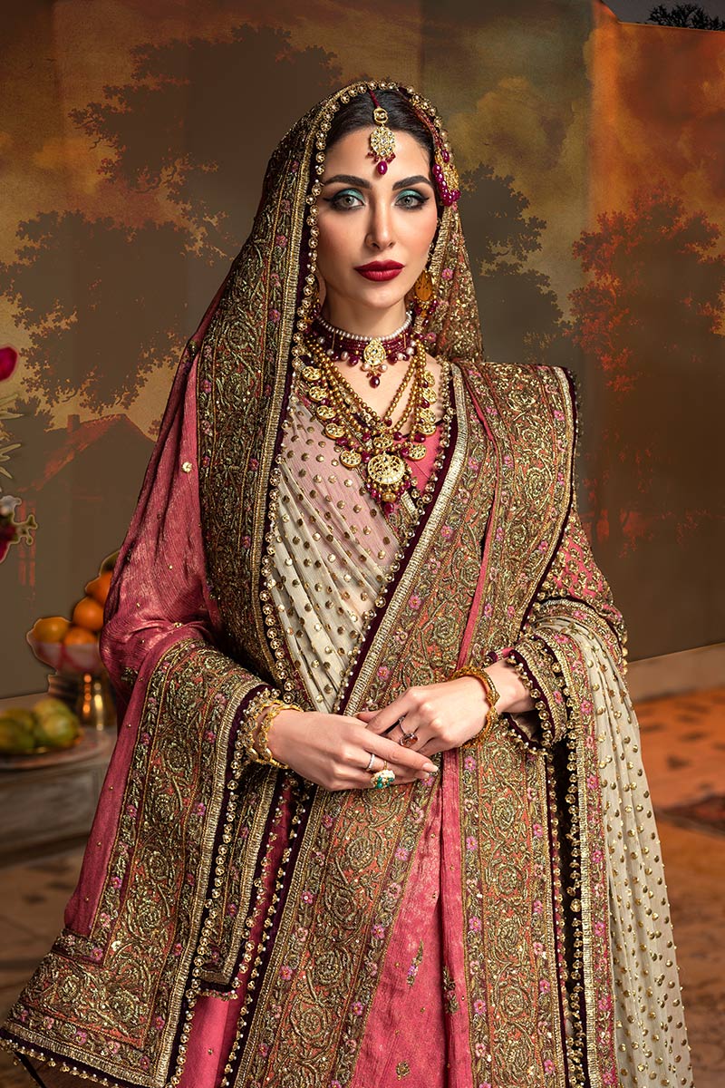 Pakistani Deep Rose Katha Embroidered Silk Bridal Lehenga (3-Piece) - Image 4