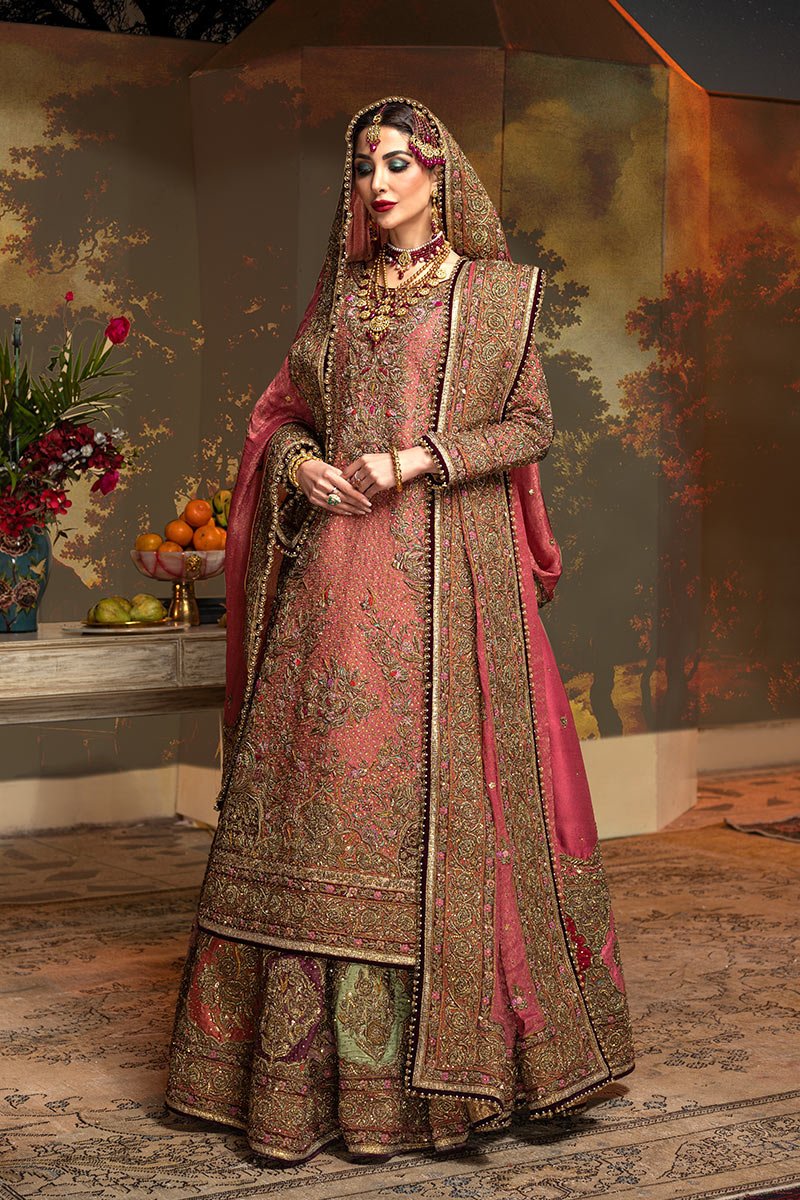 Pakistani Deep Rose Katha Embroidered Silk Bridal Lehenga (3-Piece) - Image 5