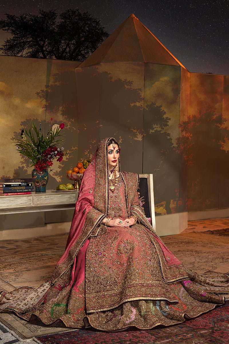 Pakistani Deep Rose Katha Embroidered Silk Bridal Lehenga (3-Piece) - Image 6
