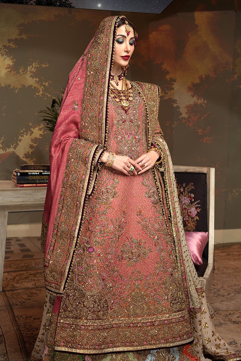 Pakistani Deep Rose Katha Embroidered Silk Bridal Lehenga (3-Piece) - Image 7