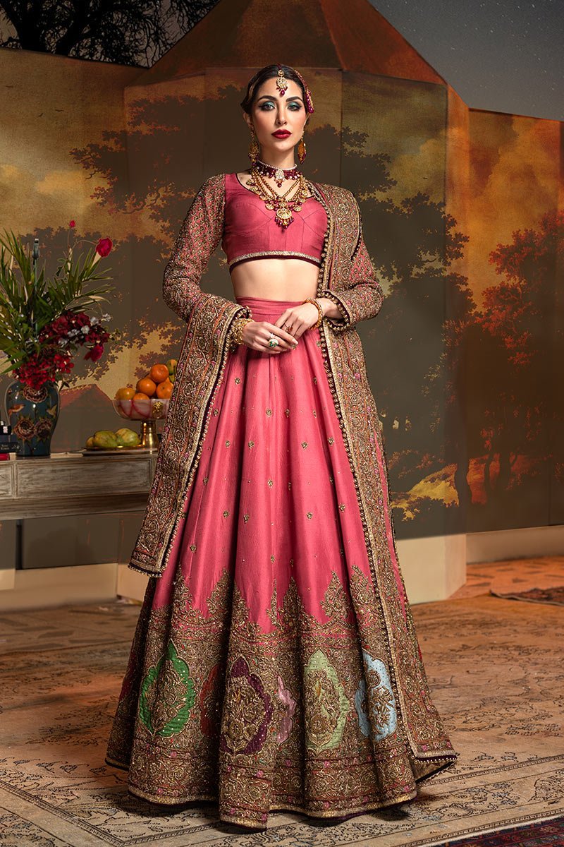 Pakistani Deep Rose Katha Embroidered Silk Bridal Lehenga (3-Piece) - Image 8