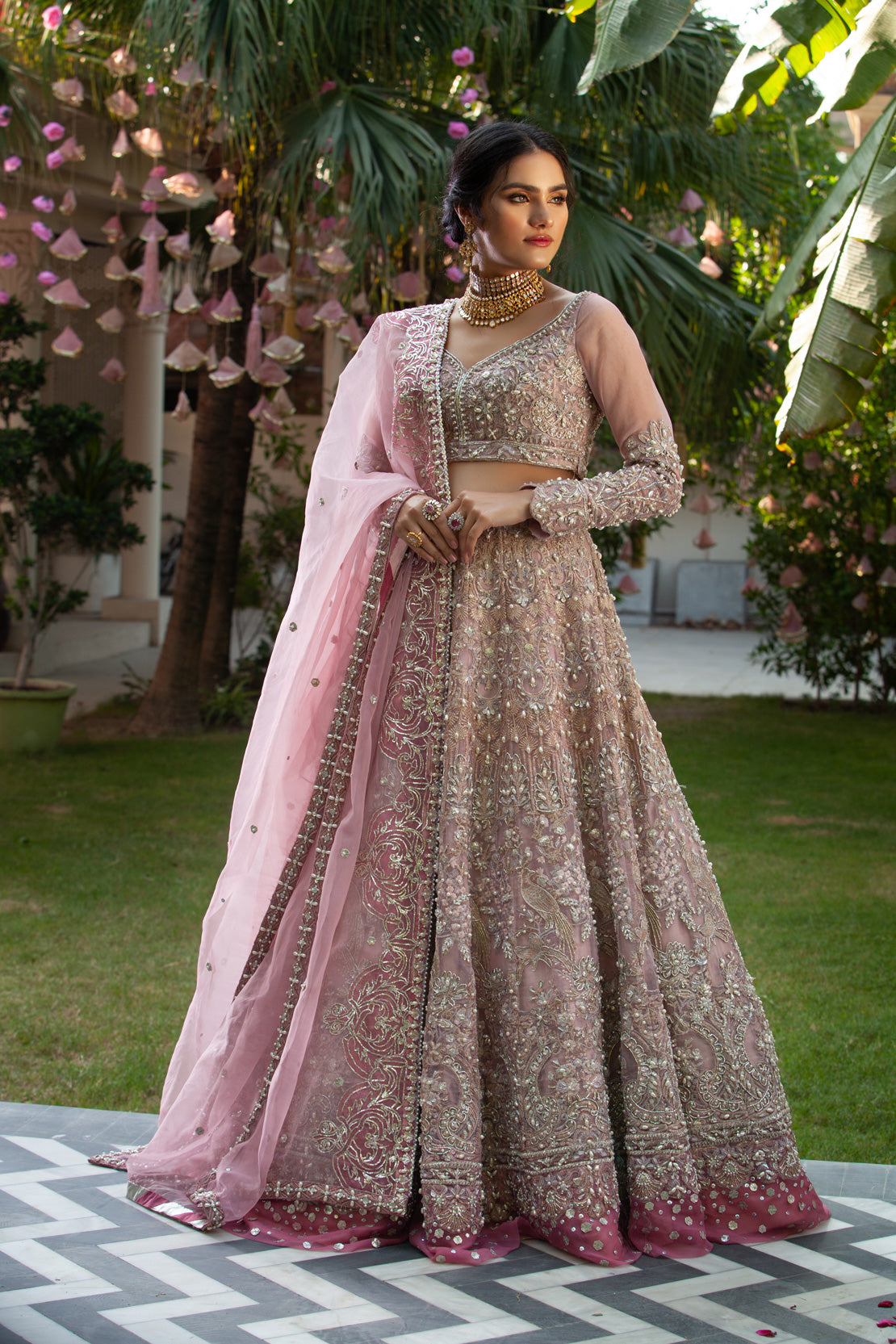 Blush Pink Embellished Net Silk Bridal Lehenga (3-Piece) - Image 1