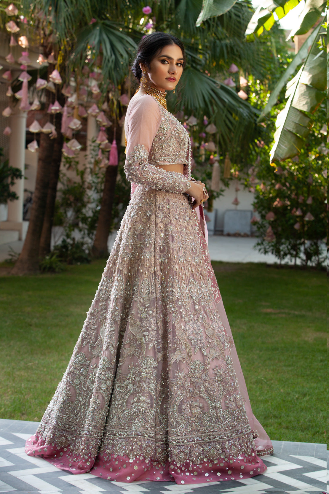 Blush Pink Embellished Net Silk Bridal Lehenga (3-Piece) - Image 2