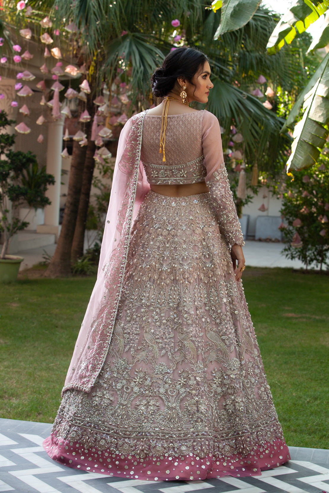 Blush Pink Embellished Net Silk Bridal Lehenga (3-Piece) - Image 3