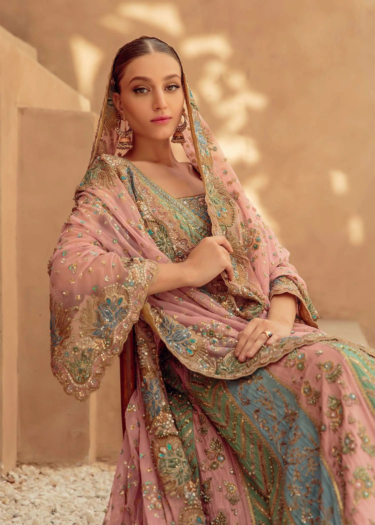 Pastel Pink Embellished Silk Net Lehenga Choli (3-Piece) - Image 4