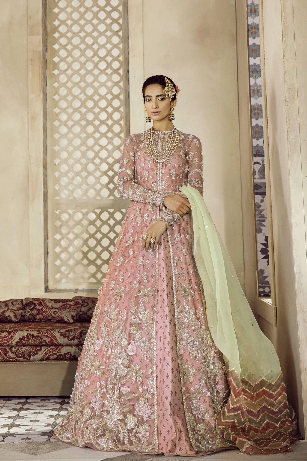 Pakistani Coral Embellished Net Jacket with Silk Lehenga (3-Piece) - Image 1