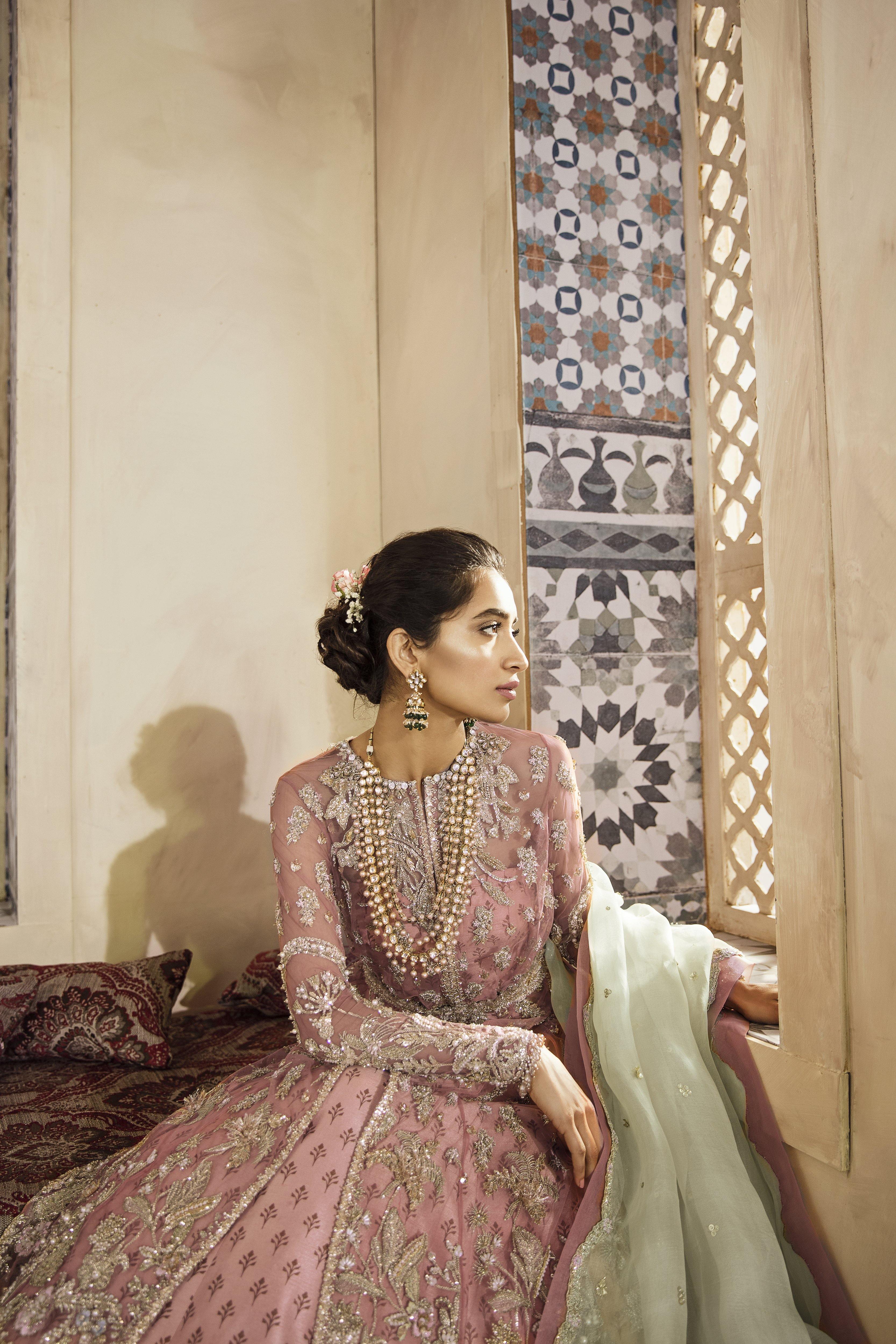Pakistani Coral Embellished Net Jacket with Silk Lehenga (3-Piece) - Image 4