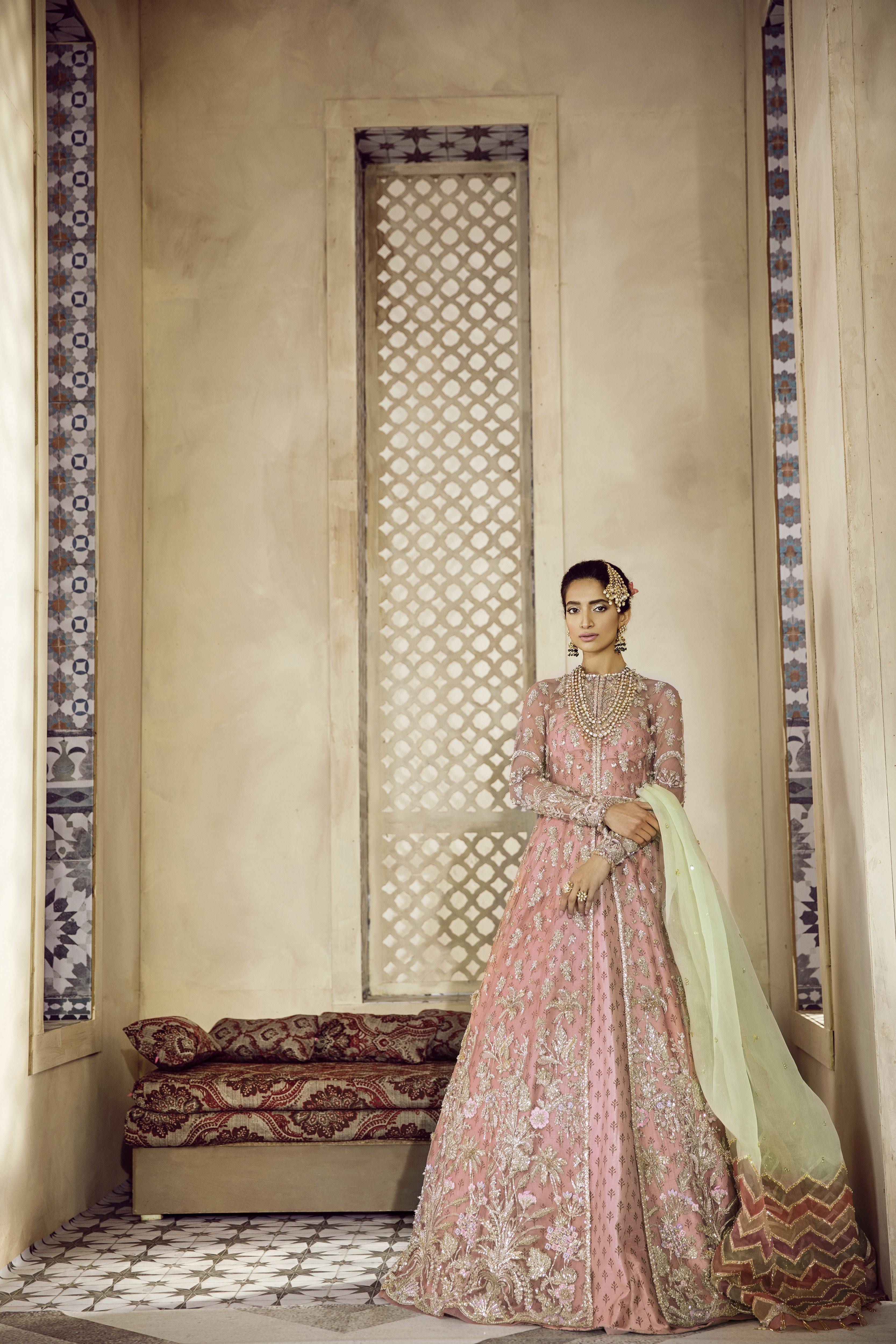 Pakistani Coral Embellished Net Jacket with Silk Lehenga (3-Piece) - Image 5