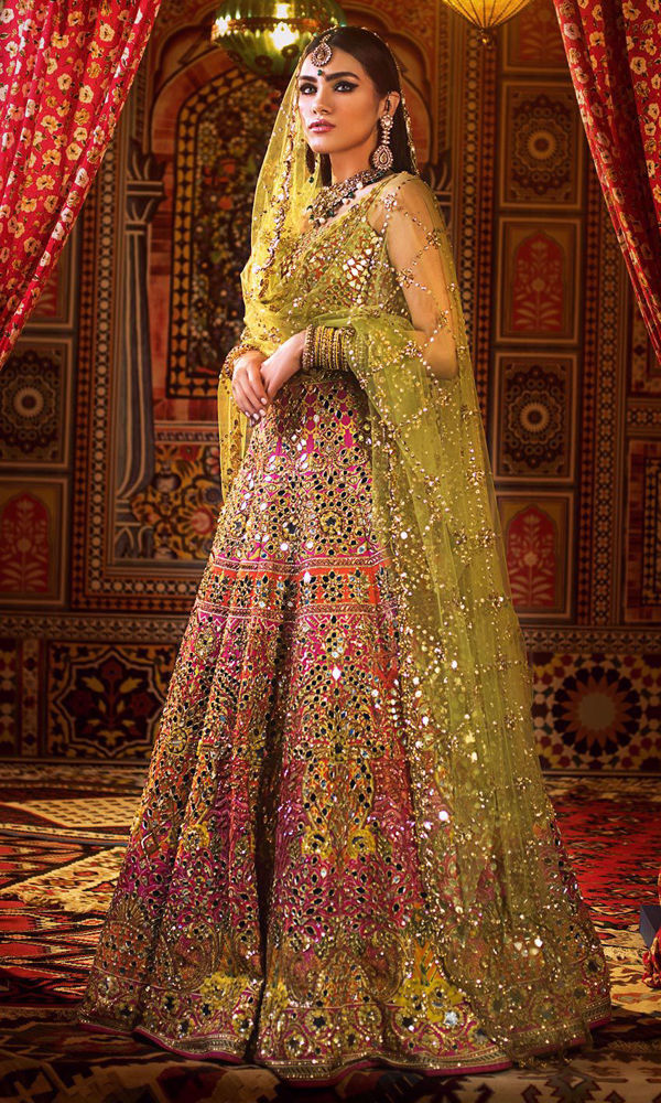 Pakistani Pink and Orange Mirror Work Silk Lehenga Choli (3-Piece) - Image 2