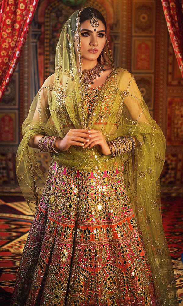 Pakistani Pink and Orange Mirror Work Silk Lehenga Choli (3-Piece) - Image 5