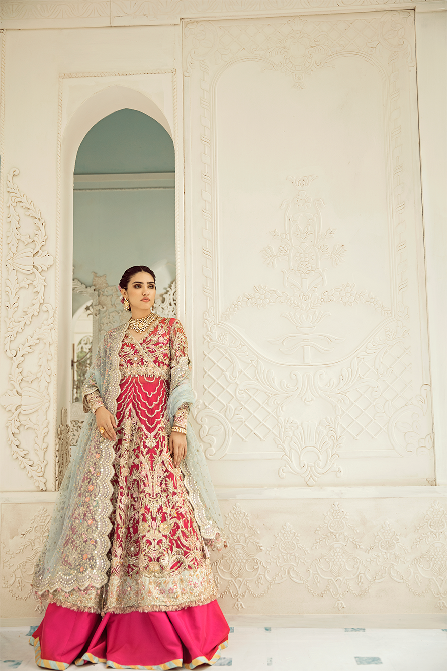 Pakistani Rouge Pink Embroidered Silk Lehenga (3-Piece) - Image 1