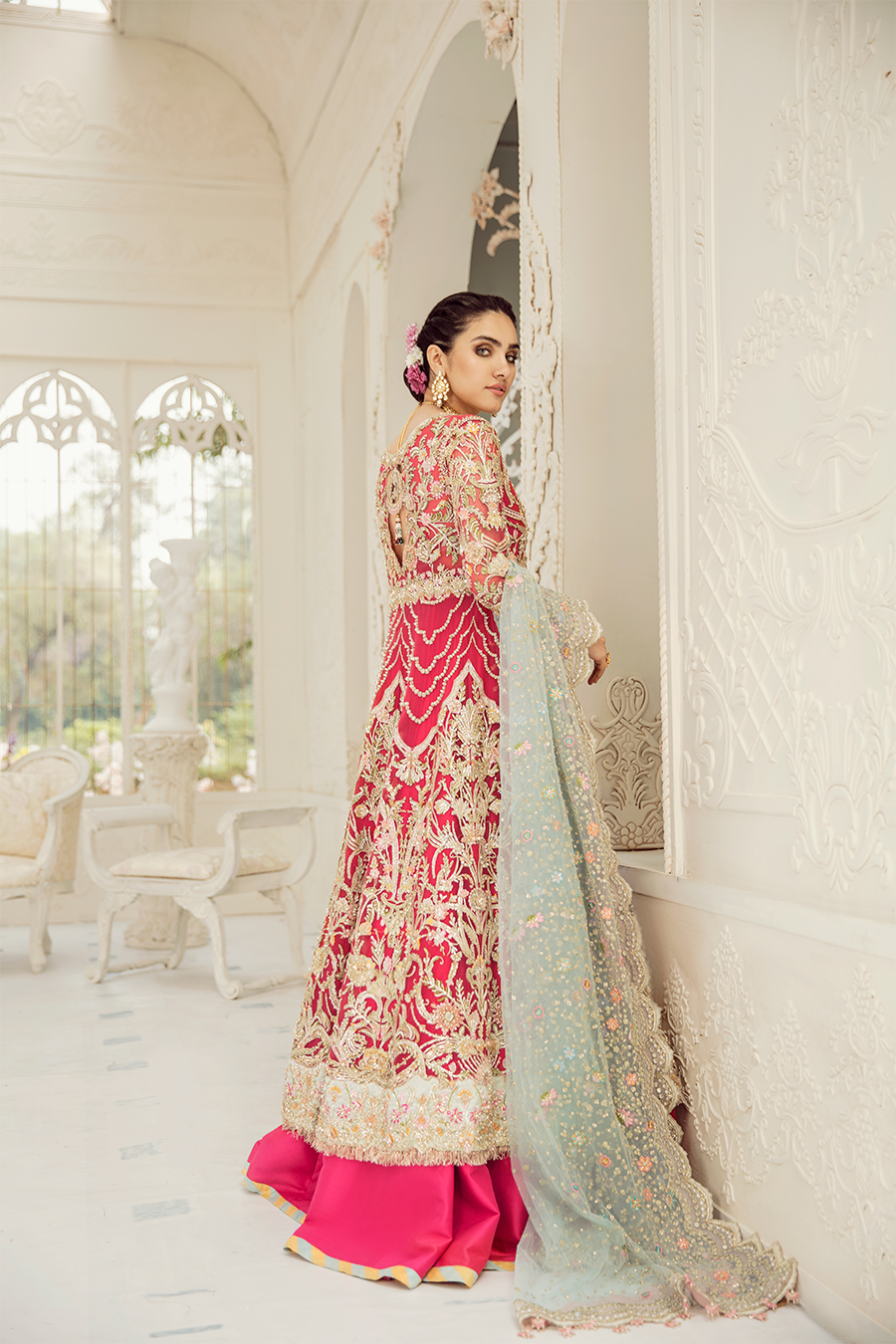Pakistani Rouge Pink Embroidered Silk Lehenga (3-Piece) - Image 3