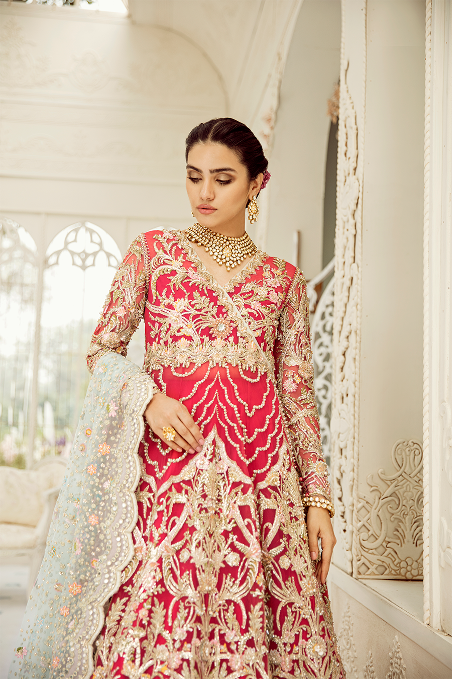 Pakistani Rouge Pink Embroidered Silk Lehenga (3-Piece) - Image 4