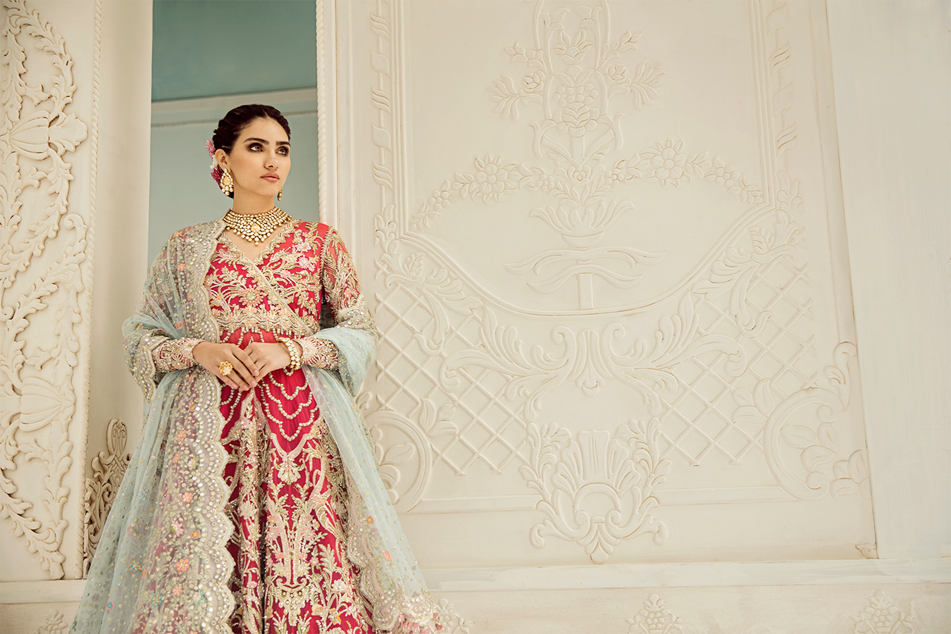 Pakistani Rouge Pink Embroidered Silk Lehenga (3-Piece) - Image 5