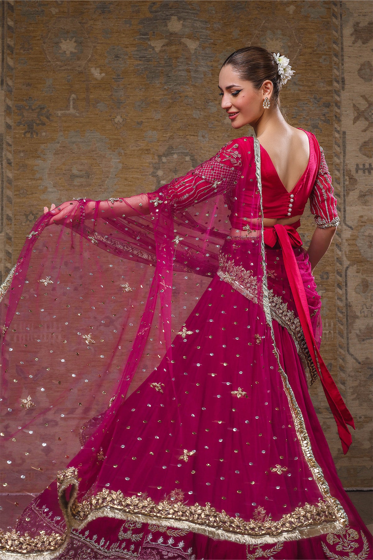 Magenta Mukesh & Gota Net Bridal Lehenga (3-Piece) - Image 2