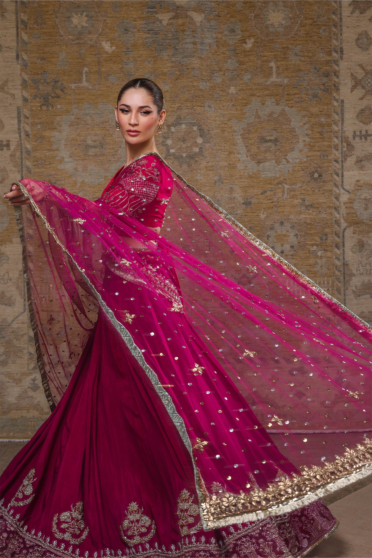 Magenta Mukesh & Gota Net Bridal Lehenga (3-Piece) - Image 3
