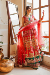 Pakistani Coral Pink & Emerald Embroidered Silk Organza Lehenga (3-Piece) - Image 2
