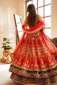 Pakistani Coral Pink & Emerald Embroidered Silk Organza Lehenga (3-Piece) - Image 3