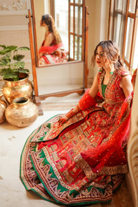 Pakistani Coral Pink & Emerald Embroidered Silk Organza Lehenga (3-Piece) - Image 4