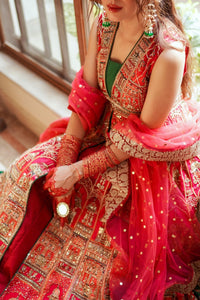 Pakistani Coral Pink & Emerald Embroidered Silk Organza Lehenga (3-Piece) - Image 5