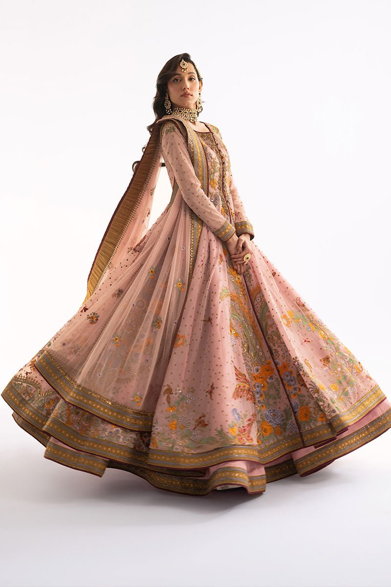 Pakistani Blush Pink Embroidered Net Anarkali Jacket with Silk Lehenga (3-Piece) - Image 3
