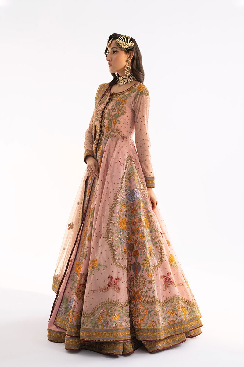 Pakistani Blush Pink Embroidered Net Anarkali Jacket with Silk Lehenga (3-Piece) - Image 4