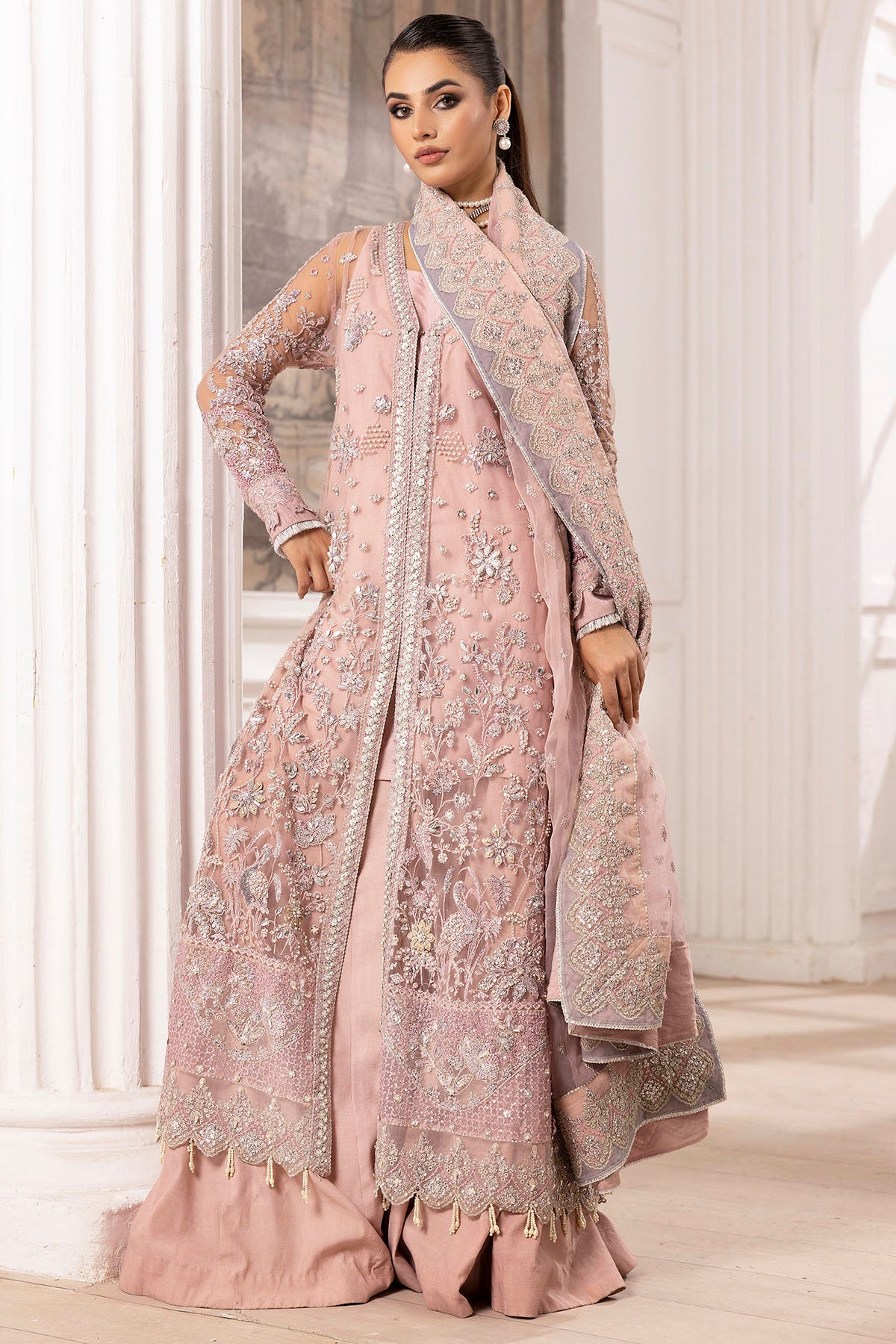 Pastel Pink Hand-Embellished Silk Net Bridal Lehenga (3-Piece) - Image 2