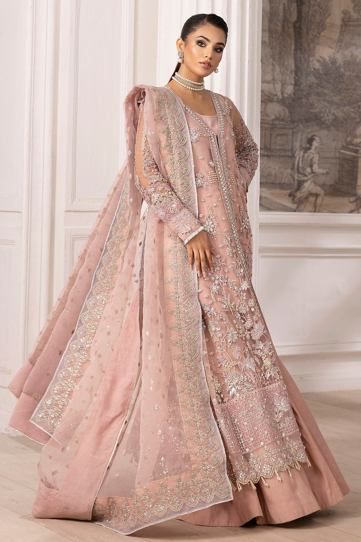 Pastel Pink Hand-Embellished Silk Net Bridal Lehenga (3-Piece) - Image 4