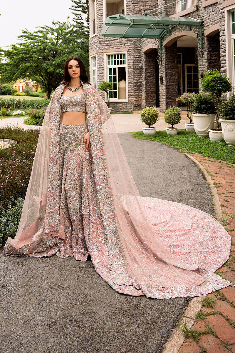 Pakistani Powder Pink Hand-Embellished Net Silk Bridal Lehenga (3-Piece) - Image 1