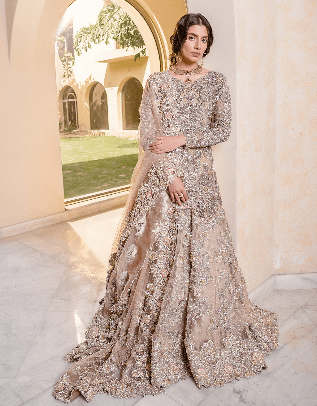 Pakistani Soft Pink Embellished Silk Bridal Lehenga (3-Piece) - Image 1