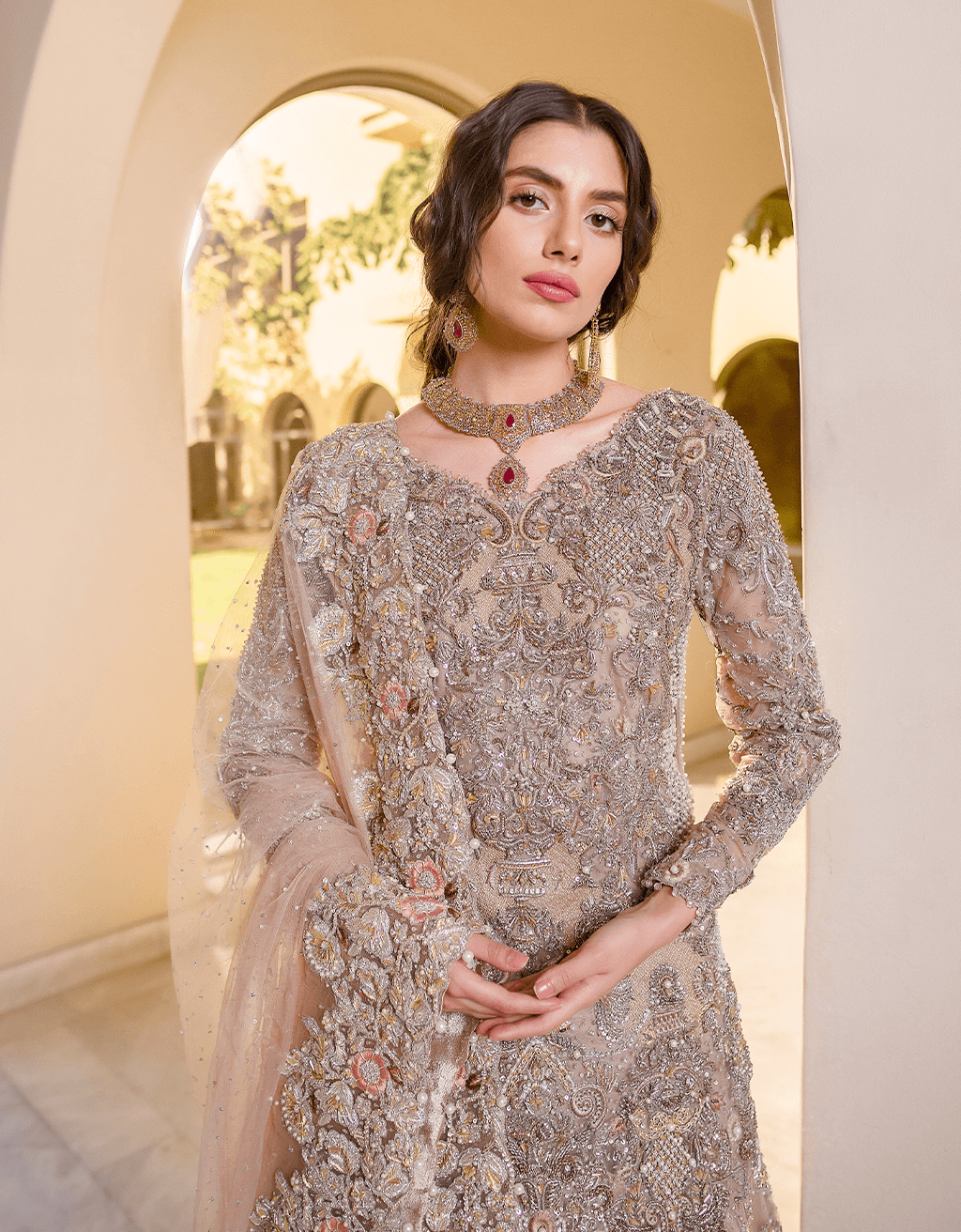 Pakistani Soft Pink Embellished Silk Bridal Lehenga (3-Piece) - Image 2