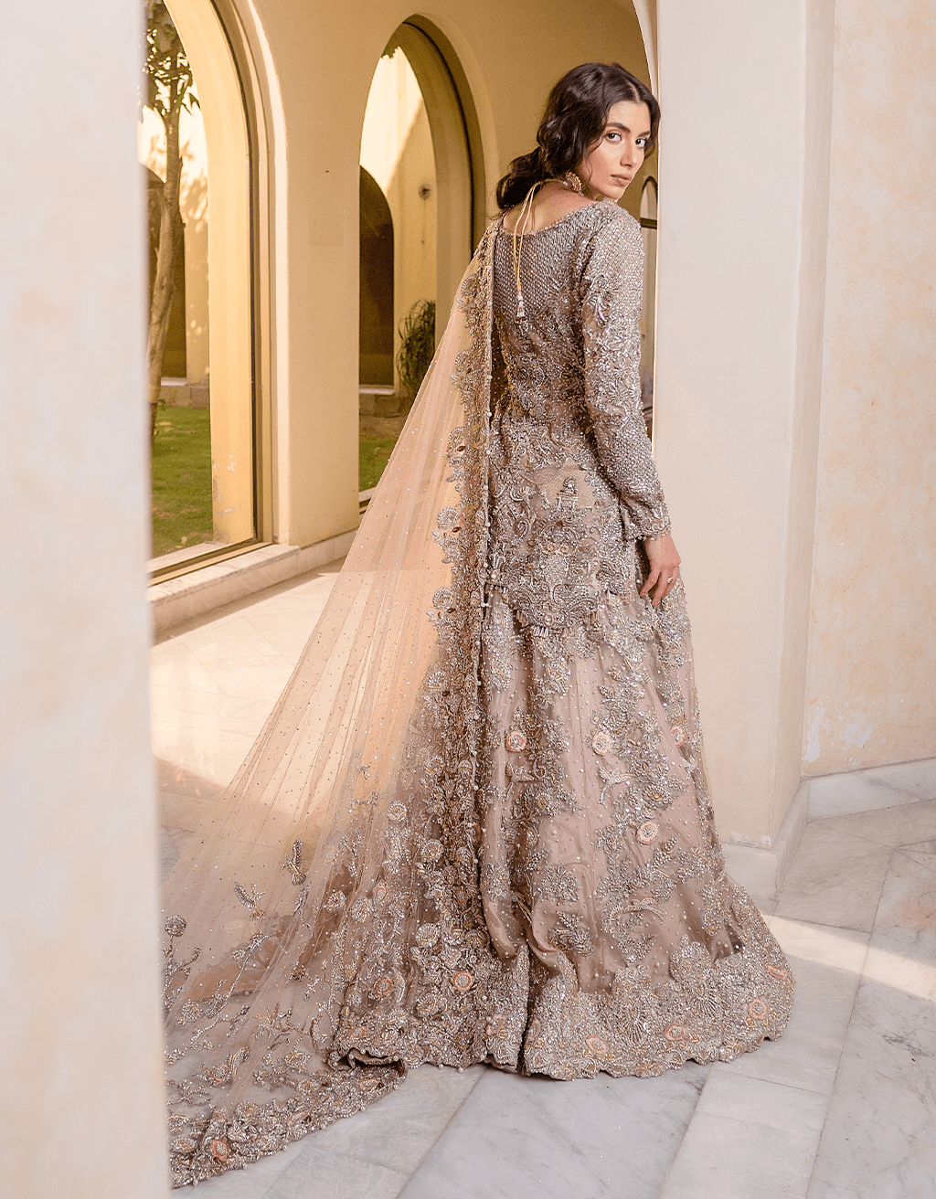 Pakistani Soft Pink Embellished Silk Bridal Lehenga (3-Piece) - Image 3