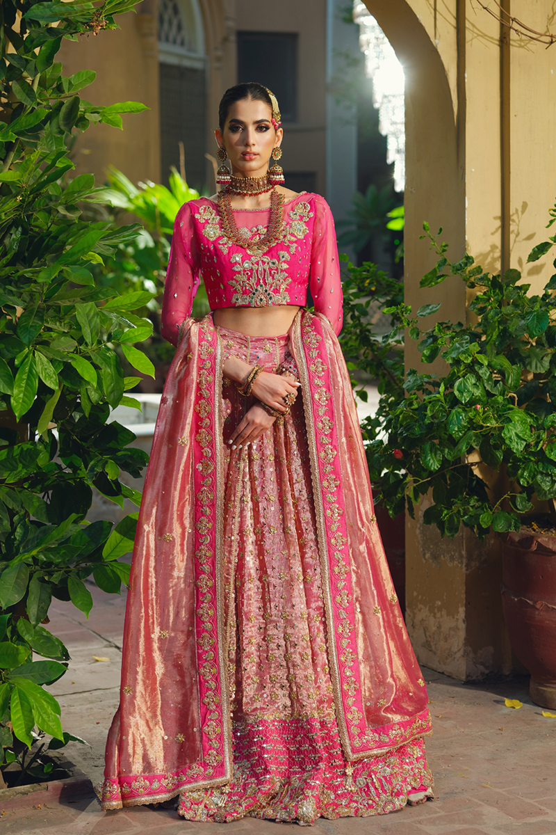 Vibrant Pink Gold Embroidered Silk Bridal Lehenga (3-Piece) - Image 1