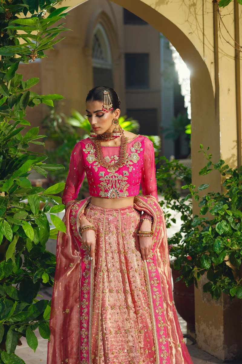 Vibrant Pink Gold Embroidered Silk Bridal Lehenga (3-Piece) - Image 2