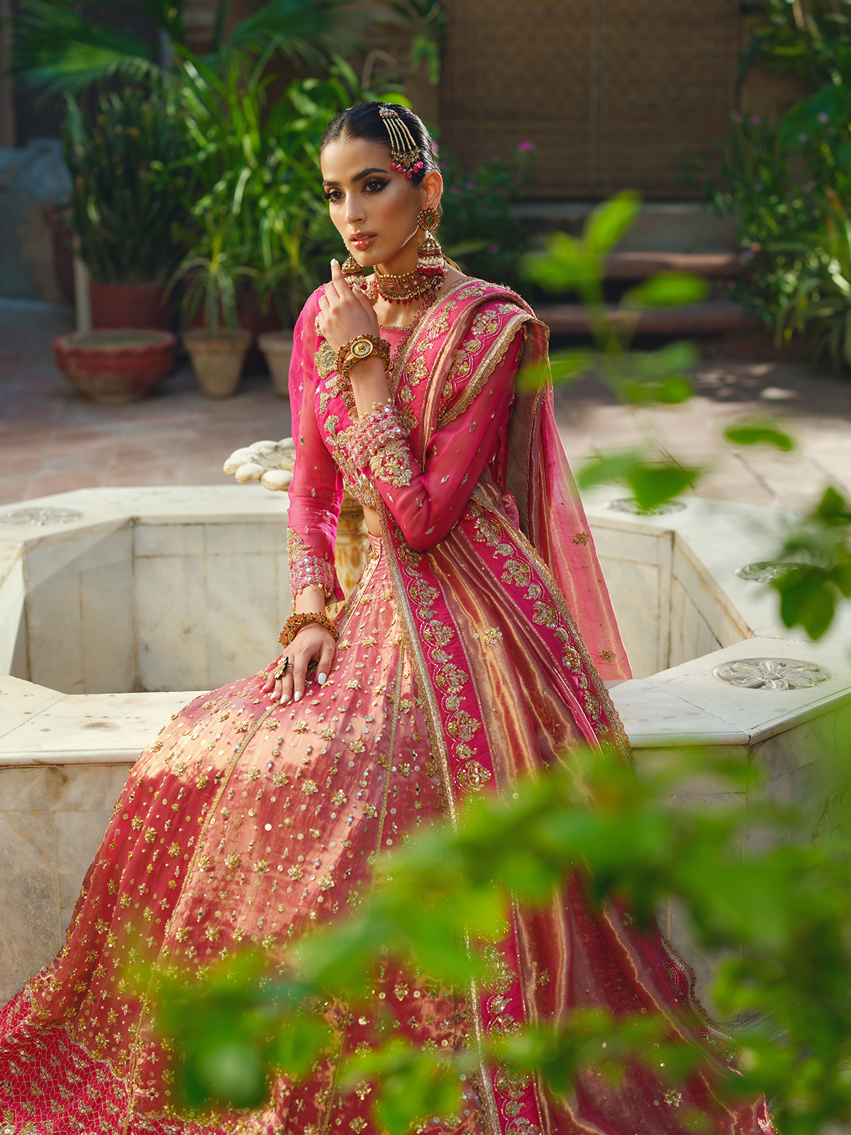 Vibrant Pink Gold Embroidered Silk Bridal Lehenga (3-Piece) - Image 3