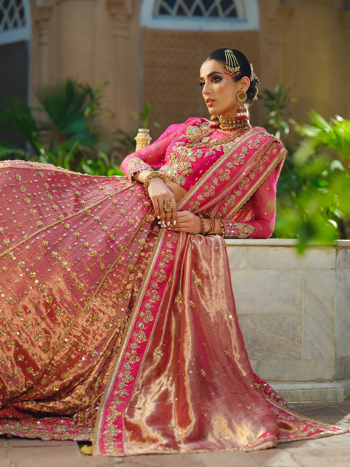 Vibrant Pink Gold Embroidered Silk Bridal Lehenga (3-Piece) - Image 4
