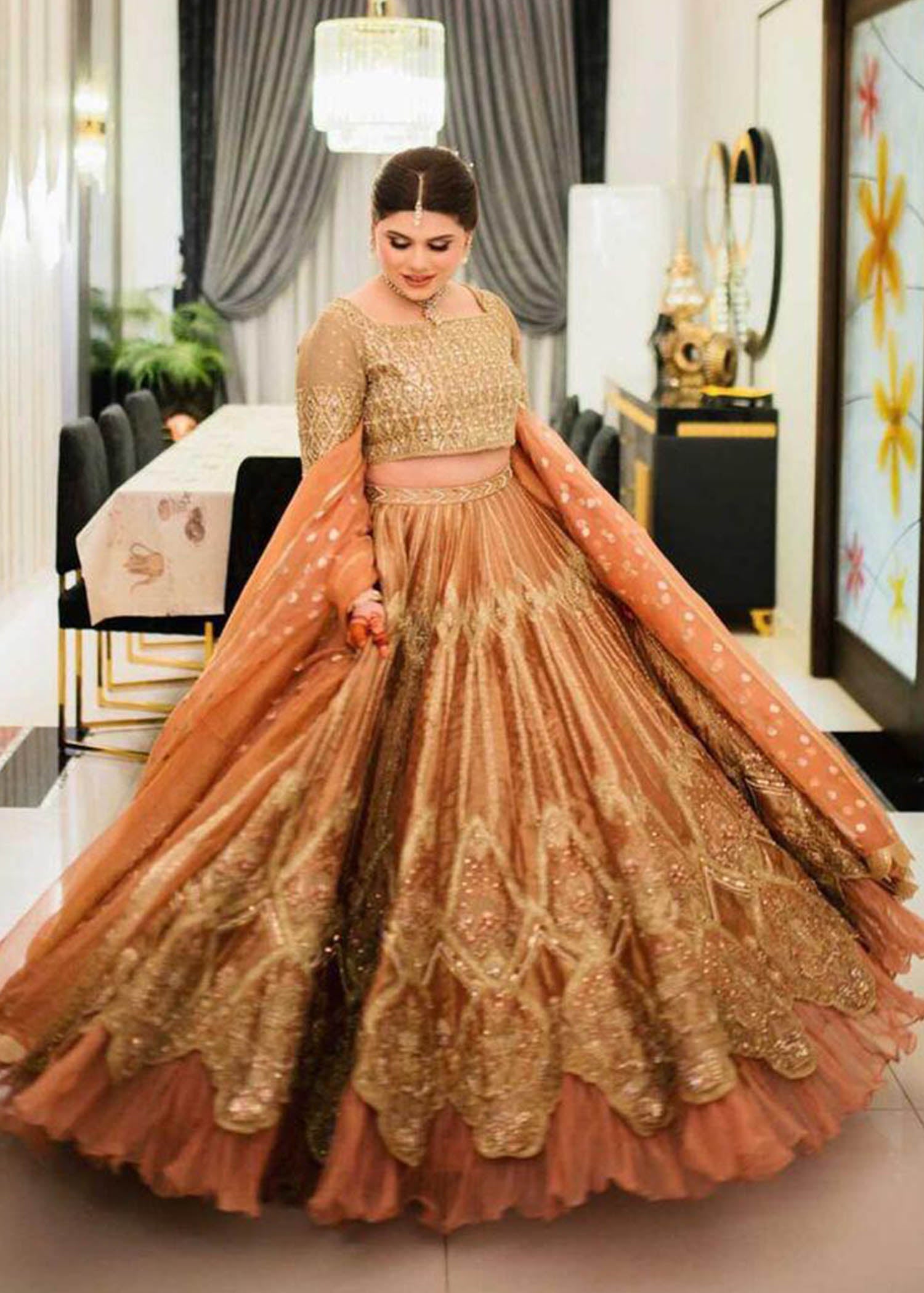 Peach Gold Embroidered Silk-Blend Bridal Lehenga (3-Piece) - Image 1