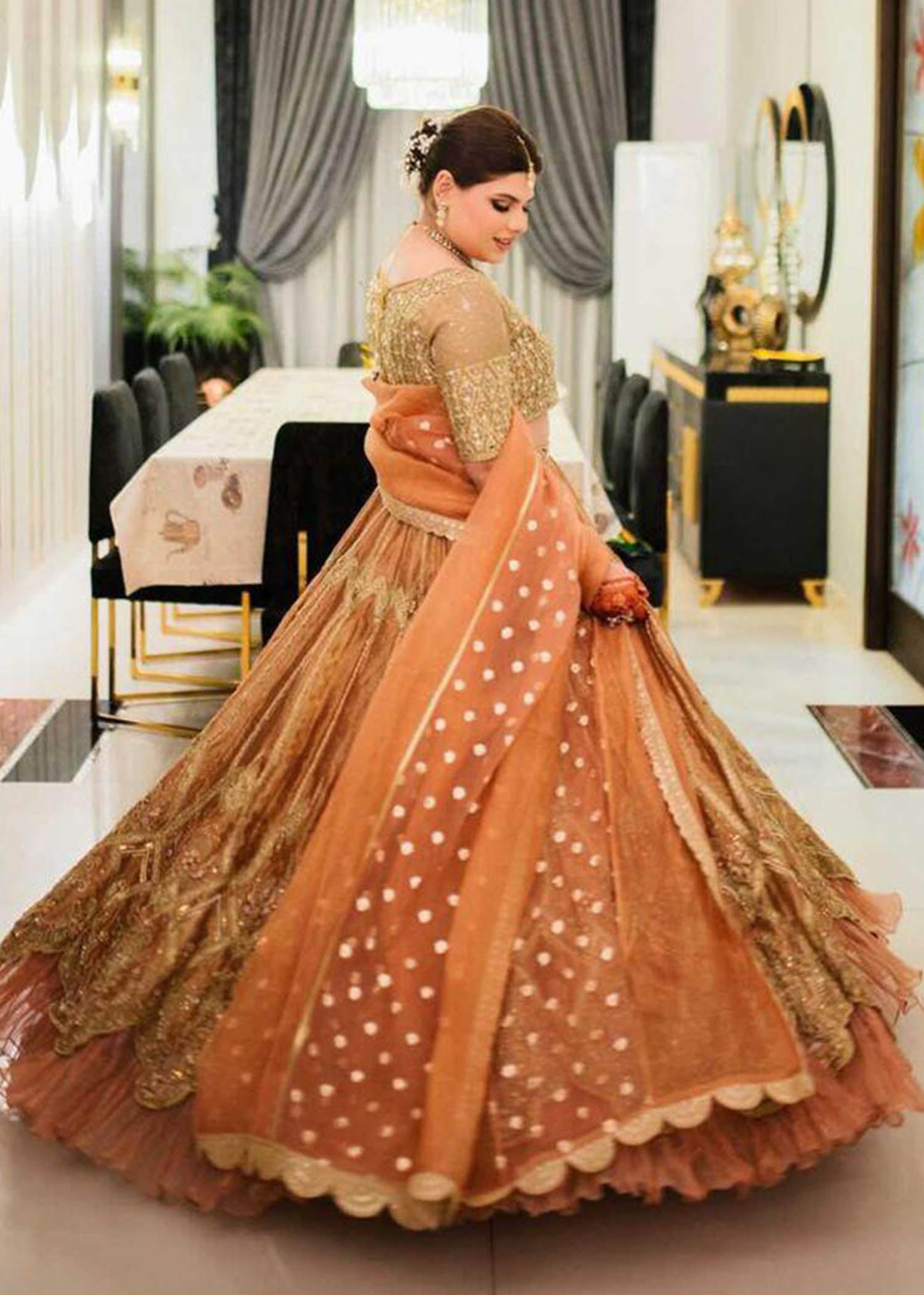 Peach Gold Embroidered Silk-Blend Bridal Lehenga (3-Piece) - Image 2