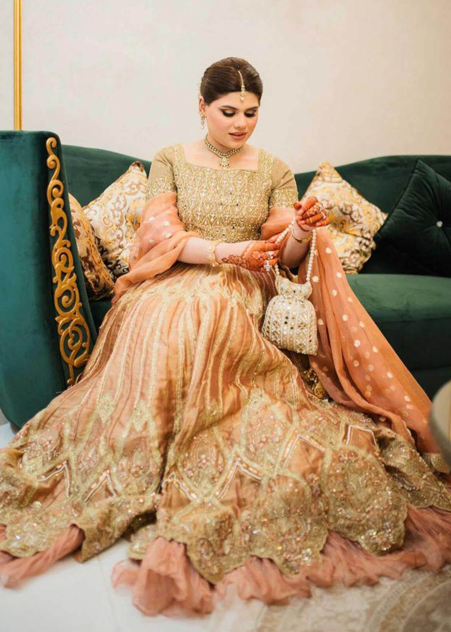 Peach Gold Embroidered Silk-Blend Bridal Lehenga (3-Piece) - Image 4
