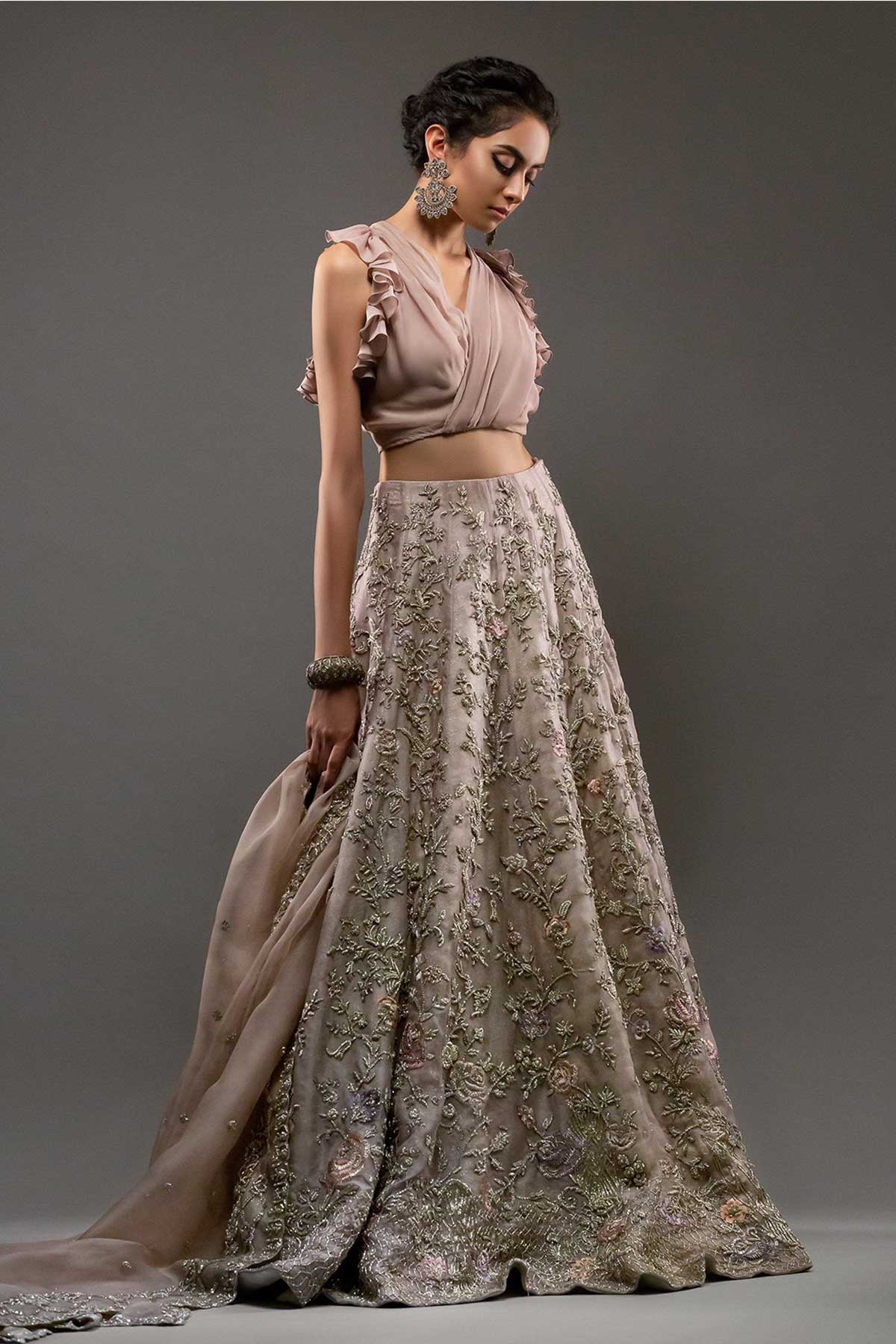 Dusty Mauve Zardozi Silk Organza Lehenga (3-Piece) - Image 1