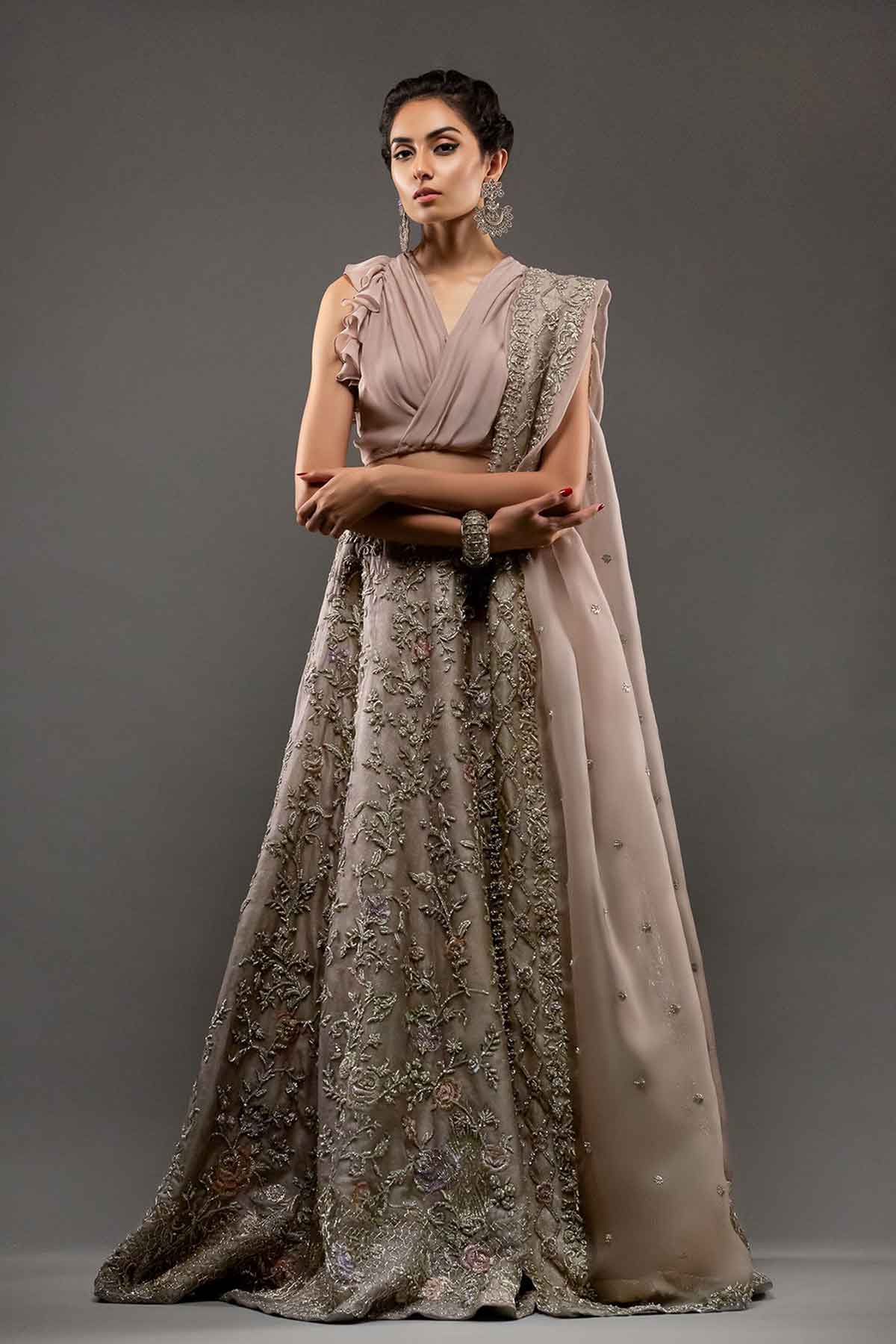Dusty Mauve Zardozi Silk Organza Lehenga (3-Piece) - Image 3