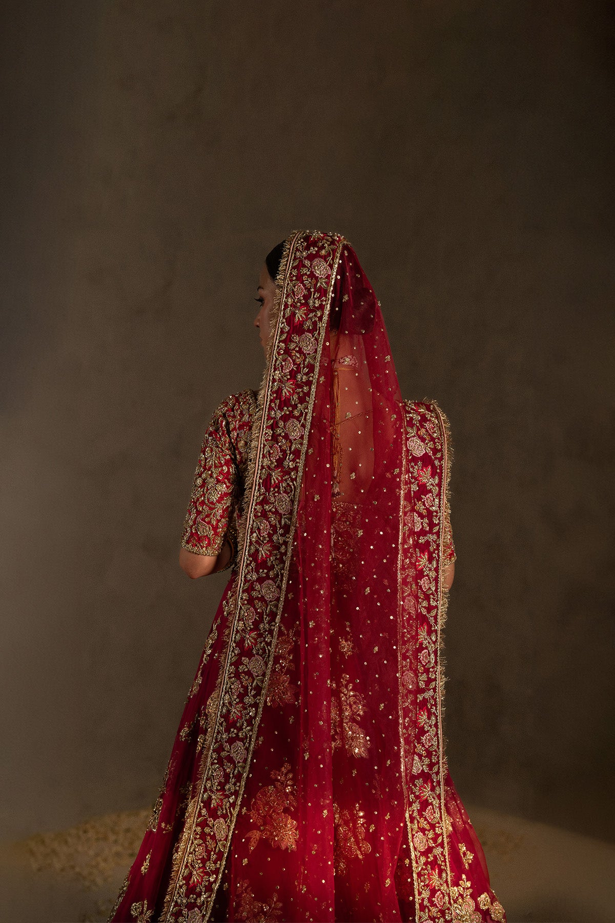 Marsala Pink Zardozi Silk & Organza Bridal Lehenga (4-Piece) - Image 5