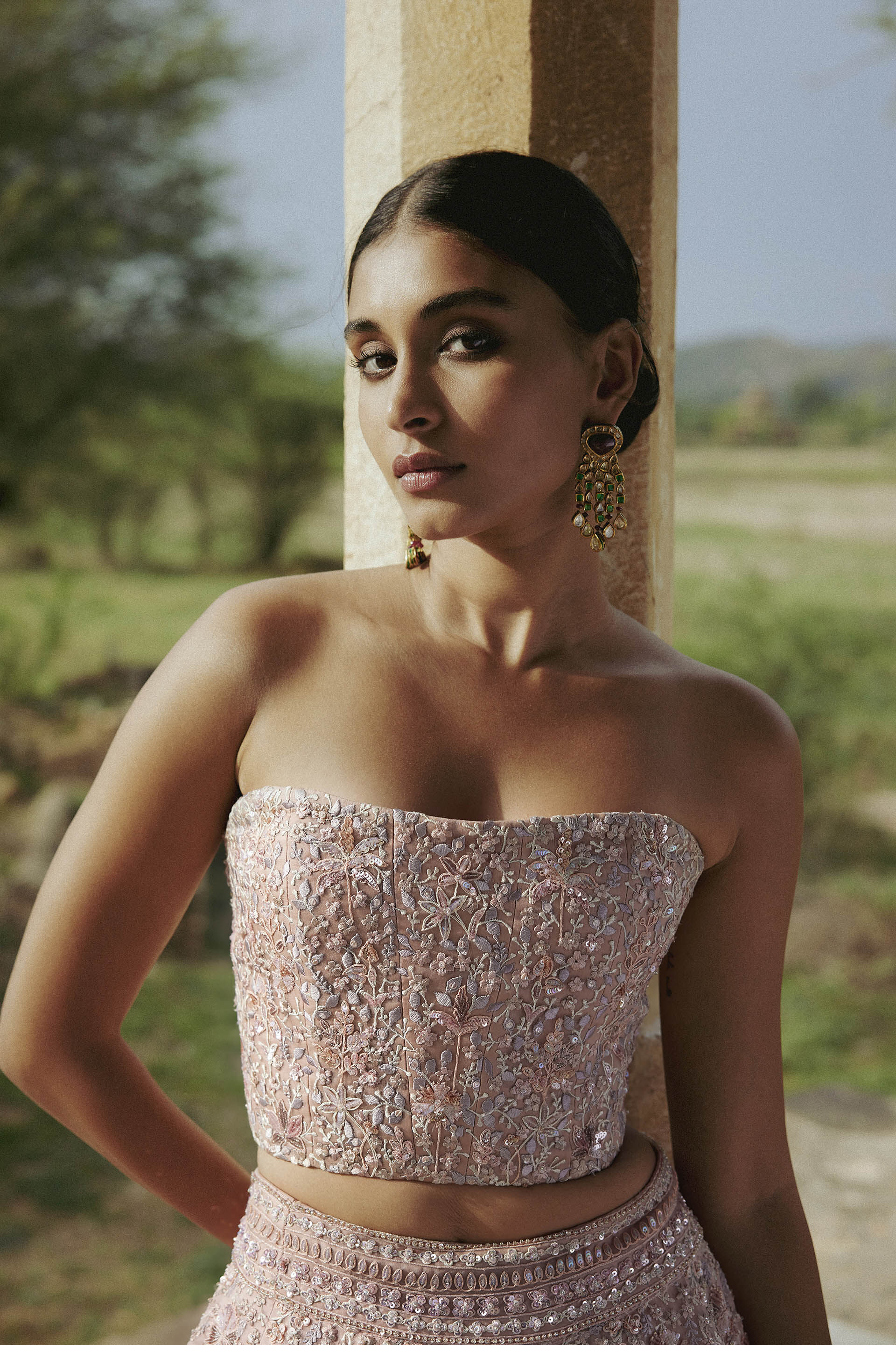 Blush Embroidered Silk Lehenga with Corset (3-Piece) - Image 2