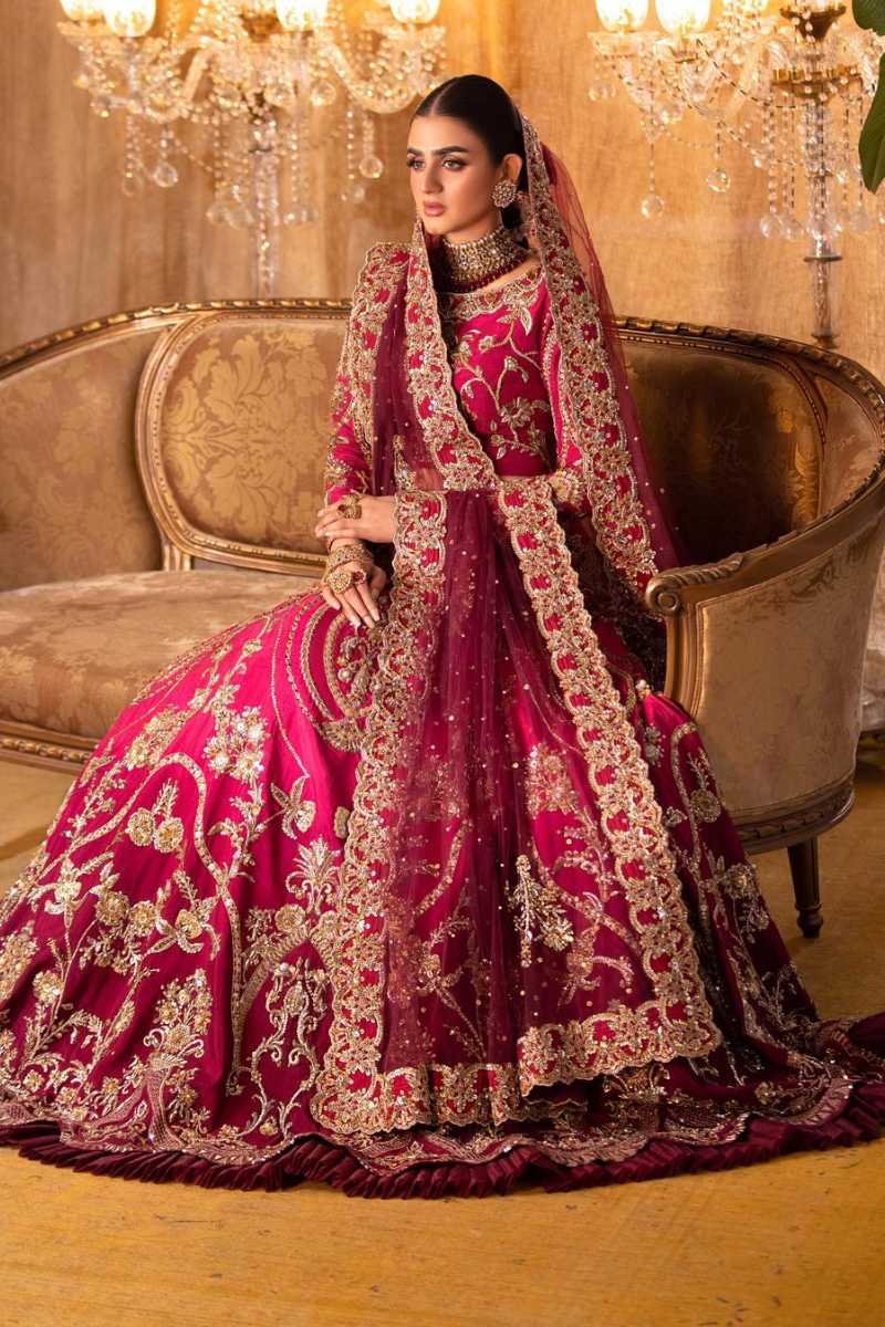 Pakistani Deep Magenta Embroidered Silk Bridal Lehenga (3-Piece) - Image 1