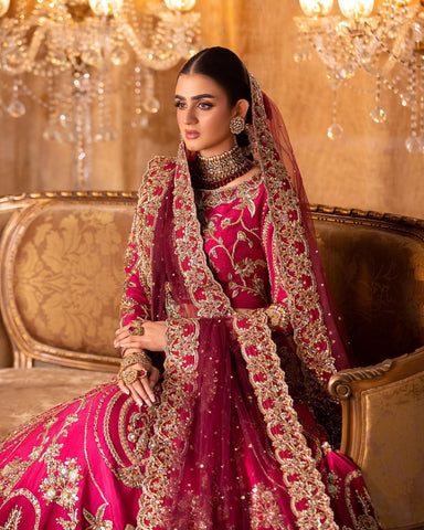 Pakistani Deep Magenta Embroidered Silk Bridal Lehenga (3-Piece) - Image 4