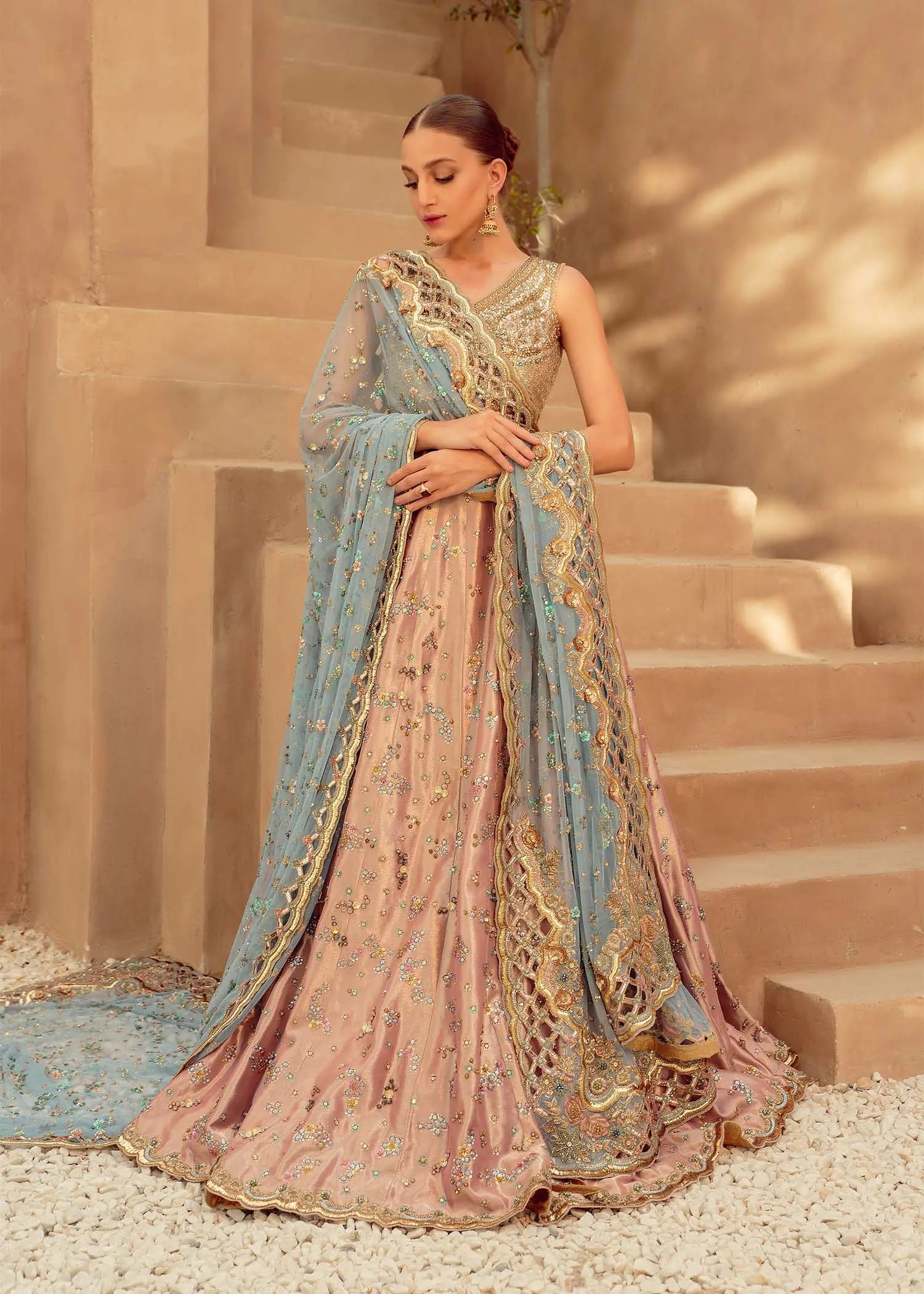 Pakistani Blush Pink Embellished Silk Lehenga (3-Piece) - Image 1
