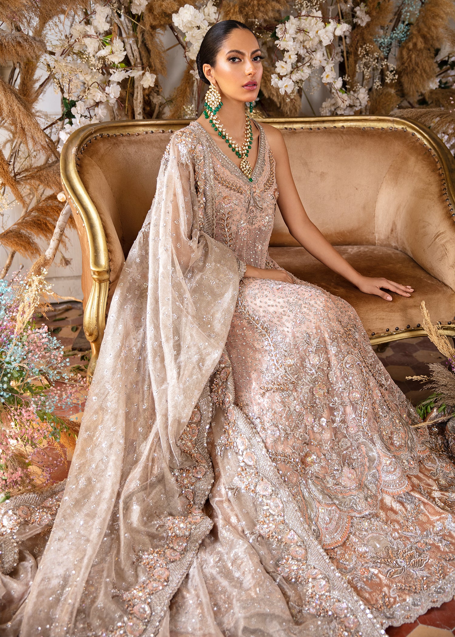 Pakistani Coral Peach Embellished Silk Bridal Lehenga (3-Piece) - Image 2