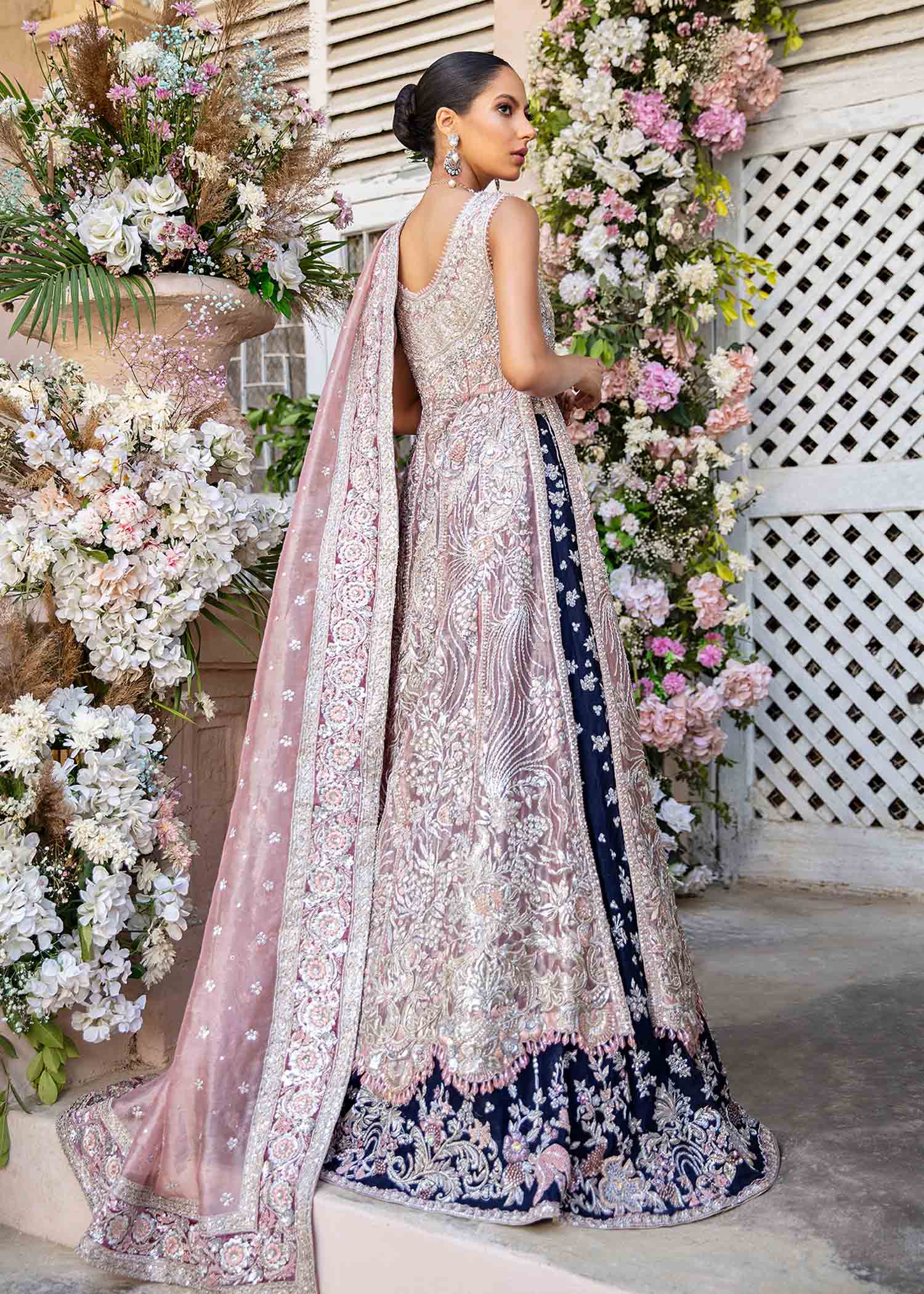 Pakistani Blush Pink Embellished Silk Bridal Lehenga (3-Piece) - Image 6