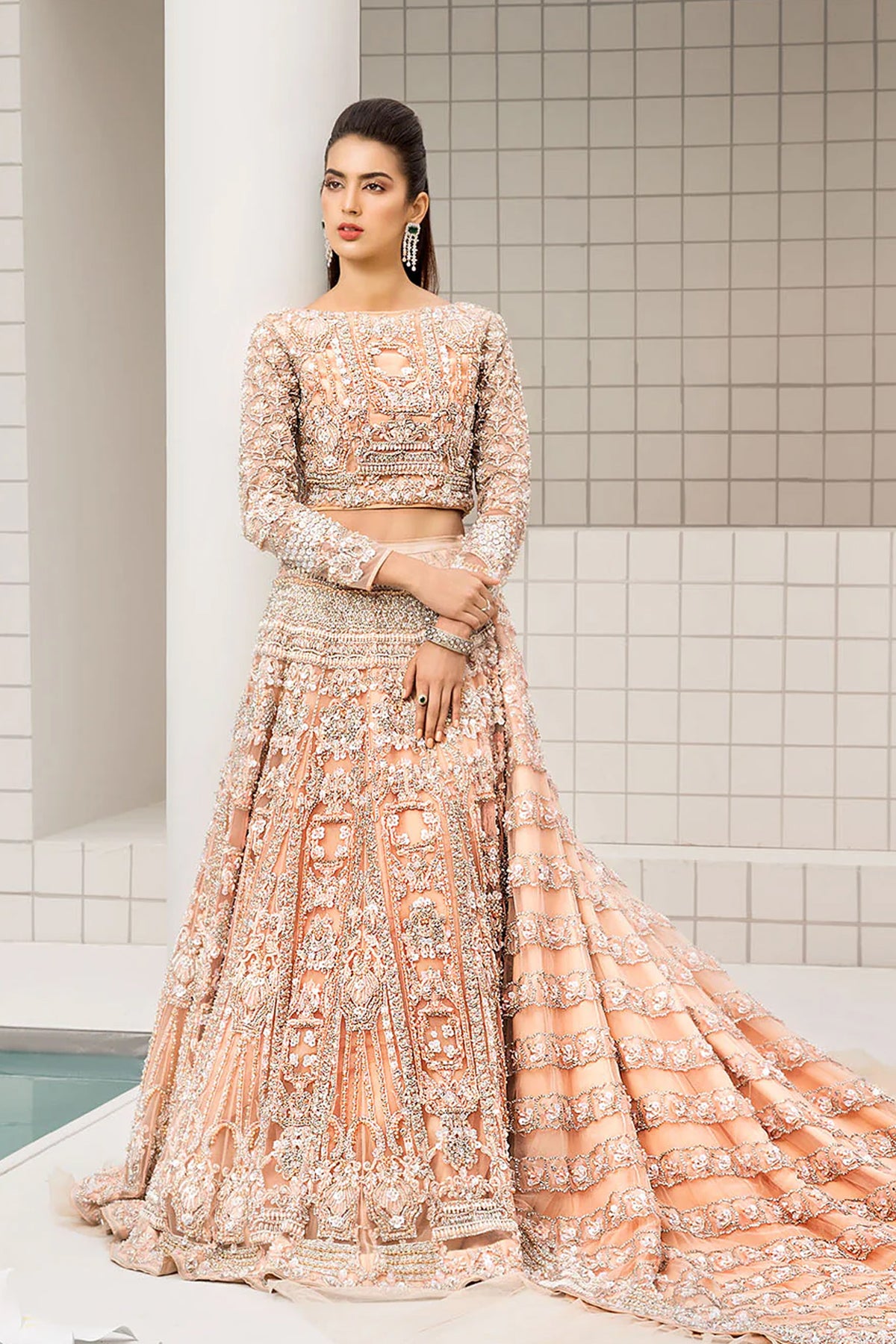 Peach Embellished Net Silk Bridal Lehenga (3-Piece) - Image 1